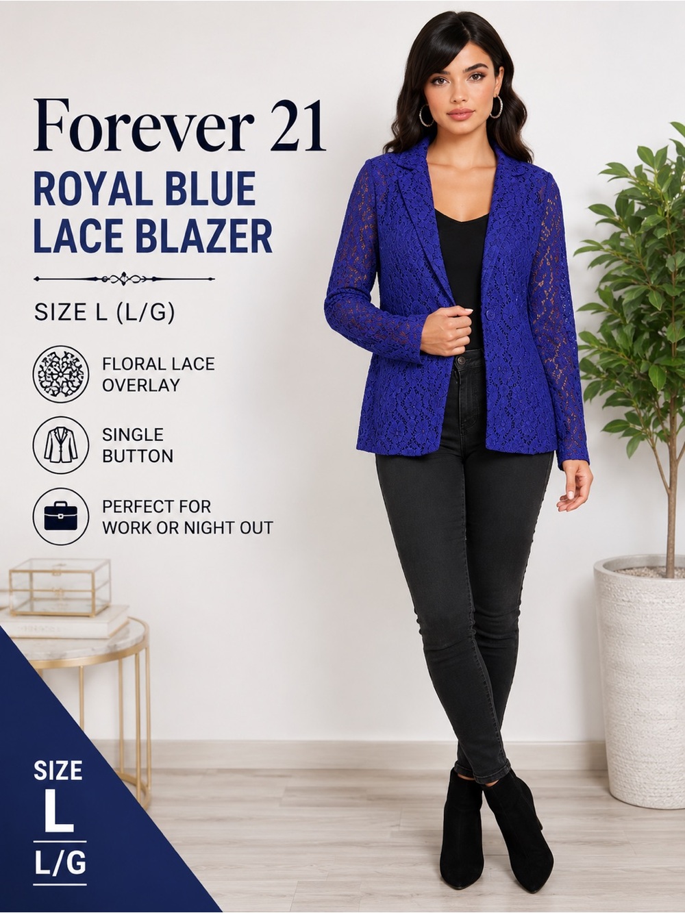 Forever 21 Royal Blue Floral Lace Blazer Jacket Single Button L